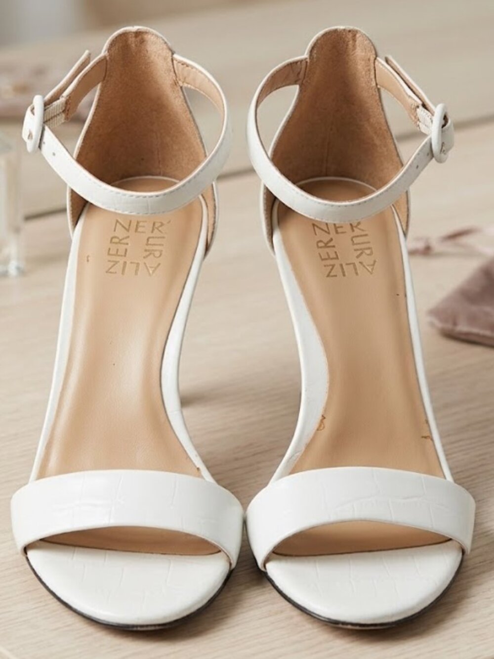 Naturalizer White Ankle-Strap Croc-Embossed Heeled Sandals